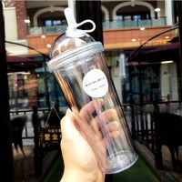 白色 7021-320ml 带吸管杯子双层隔热吸管果汁杯男女学生水杯成人孕妇塑料咖啡杯子