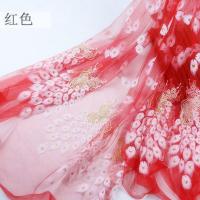 红色/米 孔雀网纱布料烫金纱舞台演出服装面料婚庆装饰纱衣裙古装外纱网纱