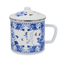 12cm古韵青花(约1000ml) 大容量复古搪瓷水杯经典加厚搪瓷缸子带盖老式铁茶杯大号马克杯