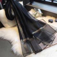 黑色 长190CM宽70CM 真丝围巾女韩版经典百搭黑色桑蚕丝披肩金边钉珠披肩丝巾纱巾春秋