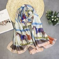 小马粉边 杭州仿真丝巾纱巾长款围巾丝绸女士披肩防晒沙滩巾春夏季印花超大