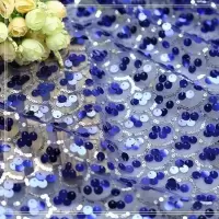 宝蓝/米 6mm高档鱼鳞亮片布婚庆背景网纱布装饰闪片演出服装亮片布料面料