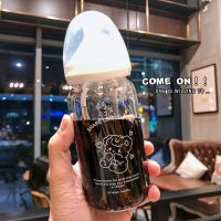 粉色爱心熊 卡通成人奶瓶水杯大人创意刻度吸管杯少女心可爱学生奶嘴玻璃杯子