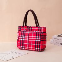 巴保红色格子 女包大容量手提单肩包托特包饭盒袋便当包妈咪包逛街日常小布包包
