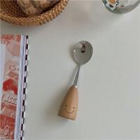 圆头勺子 韩国ins风西餐勺套装笑脸创意餐具水果叉勺子可爱木柄不锈钢叉子