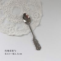 玫瑰花银勺 复古玫瑰花勺子甜品冰淇淋咖啡叉子不锈钢雕花vintage