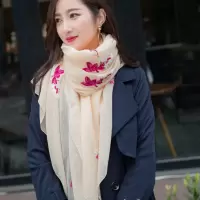 米色 秋冬季围巾女士棉麻刺绣民族风丝巾时尚百搭披肩长款保暖两用纱巾