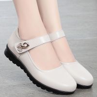 白色 35 紅靖蜓牛筋底单鞋女春秋款魔术贴镶钻平底皮鞋中老年防滑妈妈鞋