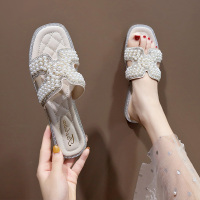 述雅桔宿仙女风露趾软底外穿拖鞋潮夏季一字拖鞋女小香风珍珠凉拖鞋女