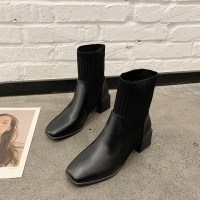 述雅桔宿时装袜子靴女ins潮2021年秋季新款小众方头毛线口短靴粗跟瘦瘦靴