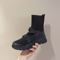 述雅桔宿韩版马丁靴女2021秋季新款扣带厚底瘦瘦靴时尚街拍圆头弹力袜靴