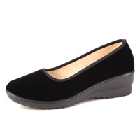 述雅桔宿老北京布鞋女浅口坡跟工作鞋黑色平绒妈妈鞋软底职业鞋