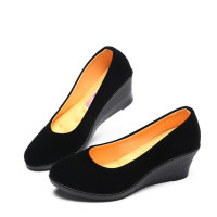 述雅桔宿高跟职业上班酒店鞋工装黑布鞋女坡跟套脚工作妈妈单鞋