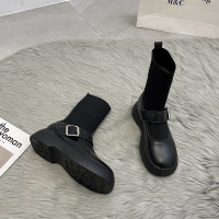 述雅槿岸短靴女春秋2021年新款时尚百搭厚底显瘦小个子网红弹力圆头袜靴子