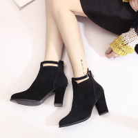 述雅槿岸2021新款短靴子春秋季单靴高跟鞋百搭女鞋尖头裸靴马丁靴粗跟女靴