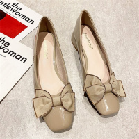 述雅述雅红色单鞋女粗跟2022春季新款方头浅口一脚蹬中跟蝴蝶结新娘结婚鞋