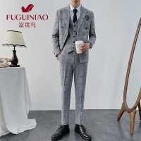富贵鸟(FUGUINIAO)帅气千鸟格双排扣西装男套装三件套商务休闲西服