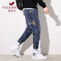 富贵鸟（FUGUINIAO）秋季牛仔裤男潮牌宽松修身时尚百搭松紧腰弹力束脚哈伦男