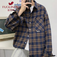 富贵鸟(FUGUINIAO)港风衬衫男装2021年秋季新款长袖青年格子宽松撞色潮流行百搭