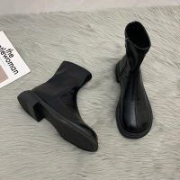 靴子女春秋2021新款英伦风粗跟圆头米色中筒靴厚底显瘦瘦马丁短靴