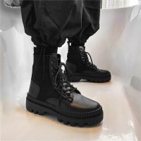 羽贸马丁靴男鞋高帮弹力口飞织春秋季厚底增高6CM短靴潮