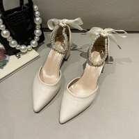 包头凉鞋女仙女风2022年春季新款中空单鞋法式珍珠尖头粗跟高跟鞋