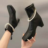 些久靴子薄款春秋单靴法式复古方头链条珍珠高跟短靴女粗跟2021新款