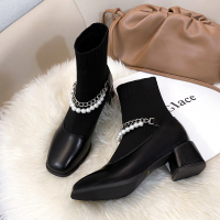 娜瑟薇马丁靴女2021年秋冬新款粗跟高跟方头弹力瘦瘦短靴珍珠小众袜子靴