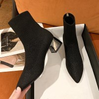 娜瑟薇鞋子女2021年秋季新款潮鞋粗跟高跟马丁靴针织弹力袜子靴方头短靴