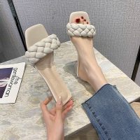 小清新仙女风拖鞋女夏外穿2021年新款时尚水晶粗跟编织一字凉拖鞋