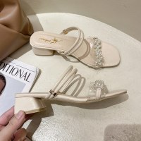 粗跟水钻拖鞋女仙女风两穿沙滩鞋2021夏季新款网红时尚仙女风凉拖