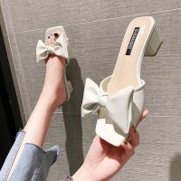 网红蝴蝶结拖鞋女外穿中跟一字拖2021年夏季配裙子穿的仙女风凉拖