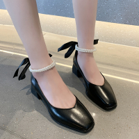 枫述单鞋百搭中跟2021夏季新款韩版珍珠小皮鞋浅口豆豆鞋粗跟瓢鞋女鞋