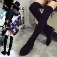 苏芈2021秋冬季欧美显长靴女过膝靴绒面单靴长筒绒里靴粗跟高筒女靴