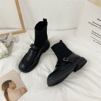 苏芈沐琹短靴女秋季薄款瘦瘦春秋季新款马丁靴子袜子靴小皮鞋女中筒连袜靴