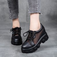 苏芈2021夏季新款女鞋网纱透气单鞋内增高百搭厚底松糕镂空软底休闲鞋