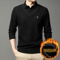 恒源祥假两件套翻领加绒针织衫男毛衣厚时尚休闲保暖打底衫男装外穿衣服