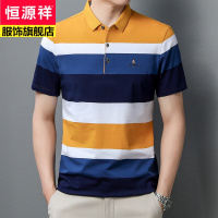 恒源祥品牌丝光棉条纹短袖T恤男翻领商务休闲大码男装T恤薄2022夏新款