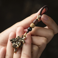 『瑞兽麒麟』礼盒装 瑞兽麒麟黄铜汽车钥匙扣挂件小摆件复古风手工编织摩托车挂绳吊坠