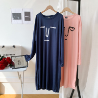 深蓝 均码 宽松慵懒ins风睡衣家居服女春秋韩版卡通搞怪长款过膝睡裙连衣裙