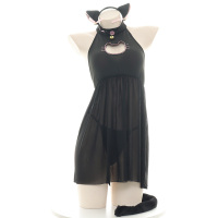 黑色 均码 半透猫咪女仆装 透shi性感睡裙刺绣雪纺镂空睡衣写真家居服