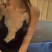 黑色 均码 「VE」芳心纵火 长款性感春秋睡衣女冰丝蕾丝开叉吊带睡裙连衣裙