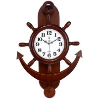 木棕色 北极星舵手挂钟时尚田园客厅创意船舵地中海静音摆钟挂墙石英钟表