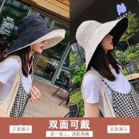大帽檐15cm双面可戴(黑色/米色) 帽围均码(55-58cm)+送防风绳 北极绒帽子女防紫外线双面超大帽檐太阳帽女防晒