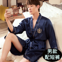 6231绣皇冠R袍蓝色男(含短裤) L 丝绸睡袍男士春秋性感睡衣女夏季睡裙薄款冰丝浴袍情侣家居服套装