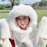 白色熊耳三件套 M(56-58cm) 2021年卡通熊耳套帽可爱少女心学生毛绒帽子手套围巾包头帽出游冬