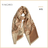 米色 盈妹双色提花条纹格子拼接围巾女冬季百搭长款外搭披肩男保暖围脖