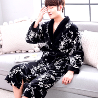 056绅士黑底白花-男款 M码-适合155-165CM 法兰绒睡袍男女睡衣情侣浴袍长款秋冬季龙袍加厚珊瑚绒浴衣家居服