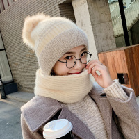 B米 色 L(58-60cm) 冬季包头女保暖百搭帽子韩版含羊毛毛线帽围巾连体两件套冬天潮