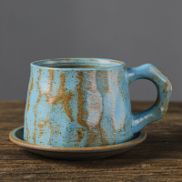 蓝色带碟 莫石复古粗陶咖啡杯带勺子大容量陶瓷马克杯水杯日式手工创意杯子